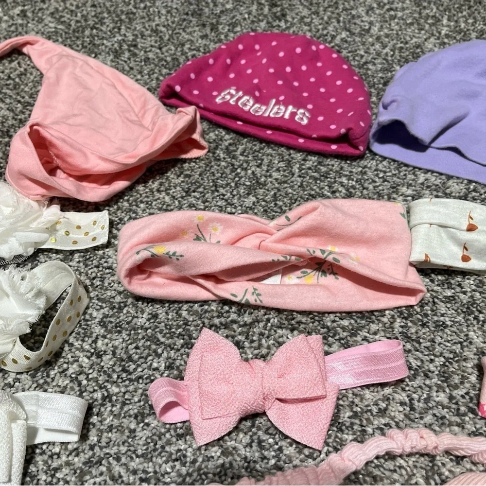 Large Lot Of 47 Baby Girl Headbands Bows & 5 Hats Infant & Toddler Stretch